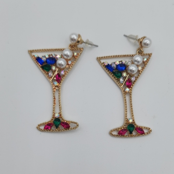 Jewelry - Gold Martini Earrings with Pearl Bubblies And Colorful Gems